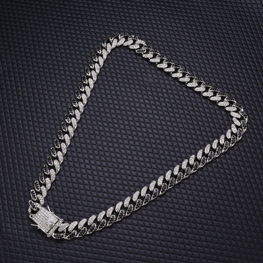 BLACK SILVER LINK DESIGNED DIAMOND CUBAN NECKLACE CHAIN