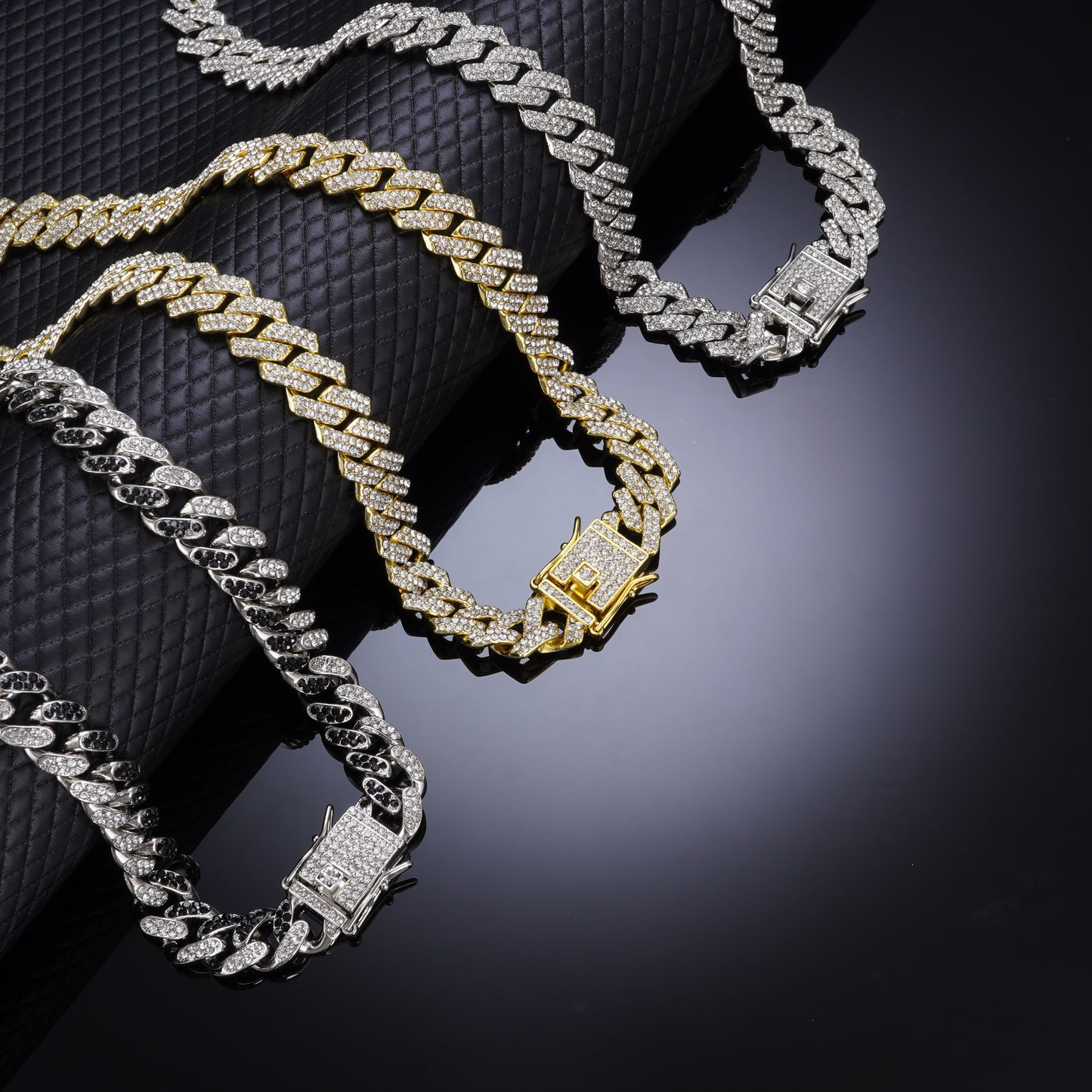 BLACK SILVER LINK DESIGNED DIAMOND CUBAN NECKLACE CHAIN